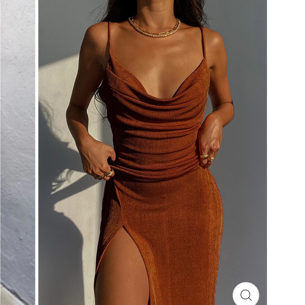 Copper slip dress open back cross back left leg slit